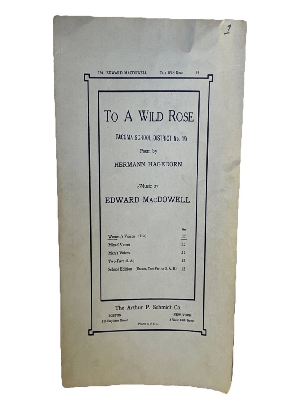 To A Wild Rose Edward MacDowell Sheet Music Women's Voices Trio 1924 Hagedorn